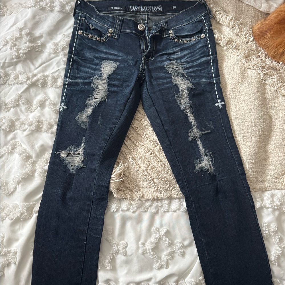 Affliction Women's Dark Blue Distressed Skinny Jeans